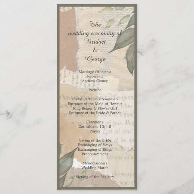 vintage boho chic vert programme & menu (Dos)
