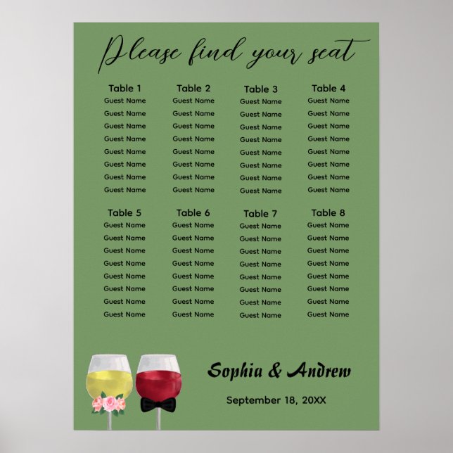Vintage Boho Couple Wine Wedding Seating Chart (Front)