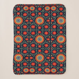 Vintage Boho Crimson Folk Art Floral Rug Sherpa Blanket