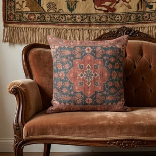 Vintage Boho Floral Kilim Rust Terracotta & Teal Throw Pillow