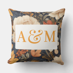 Vintage Boho Floral Pattern with Dual Monogram Outdoor Pillow