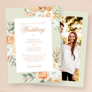Vintage Boho Floral Photo Wedding Invitation