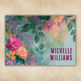 Vintage Boho Floral Pink Flowers Turquoise Teal Business Card