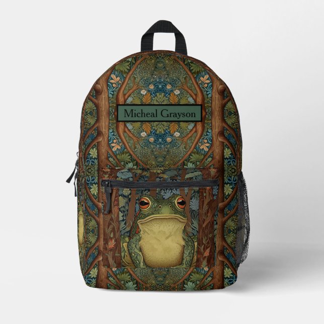 Vintage boho forest frog printed backpack (Front)