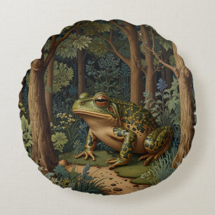 Vintage boho frog woodland forest round pillow