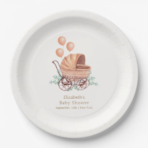 Vintage Boho Greenery Stroller Balloon Baby Shower Paper Plate