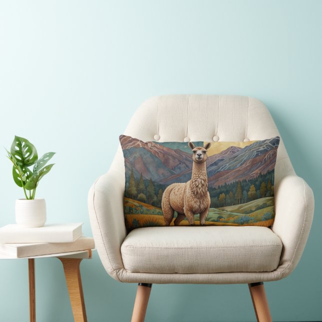 Vintage boho llama alpaca vintage landscape  lumbar pillow (Chair)