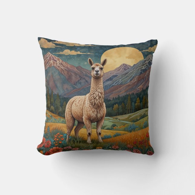 Vintage boho llama alpaca vintage landscape  throw pillow (Front)