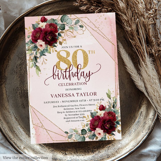 Vintage Boho Merlot Gold Flowers 80th Birthday  Invitation (Vintage Boho Merlot Gold Flowers 80th Birthday Invitation)