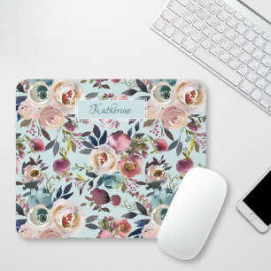 Vintage Boho Painted Roses Dusty Blue Blush Pink Mouse Pad