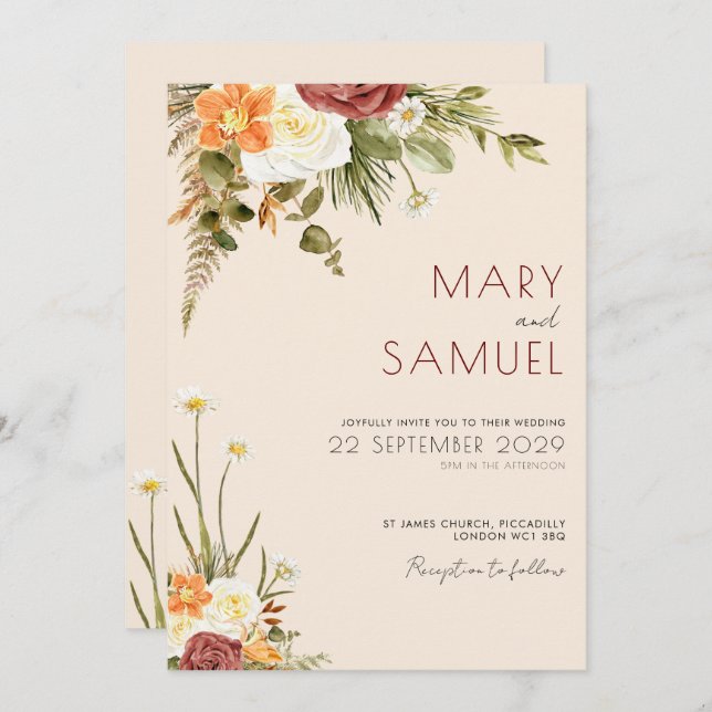 Vintage Boho Rustic Floral Wedding Invitation (Front/Back)