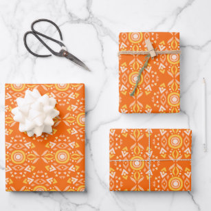 Vintage Boho Shapes Pattern in Orange and Yellow Wrapping Paper Sheet