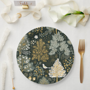 Vintage Boho White Green Gold Christmas Trees Paper Plate
