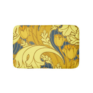 Vintage Bold Tulip Blue Gold Pattern Bath Mat