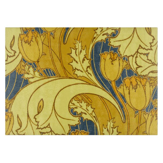 Vintage Bold Tulip Blue Gold Pattern Cutting Board (Front)