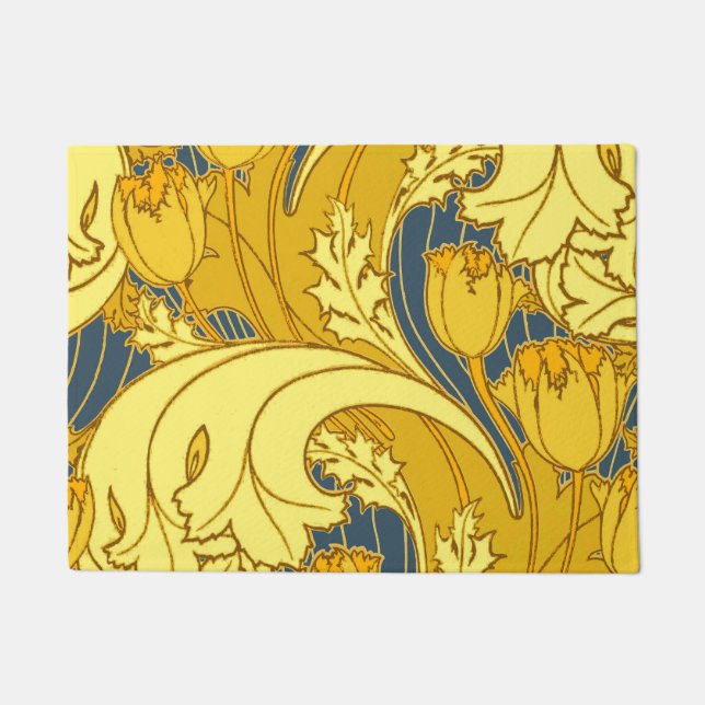 Vintage Bold Tulip Blue Gold Pattern Doormat (Front)