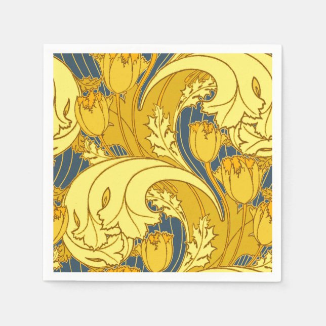 Vintage Bold Tulip Blue Gold Pattern Napkin (Front)