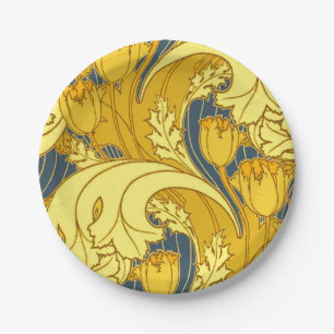 Vintage Bold Tulip Blue Gold Pattern Paper Plate