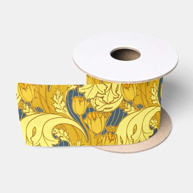 Vintage Bold Tulip Blue Gold Pattern Satin Ribbon (Spool)
