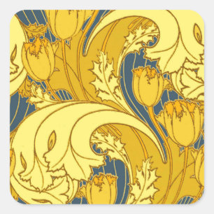 Vintage Bold Tulip Blue Gold Pattern Square Sticker