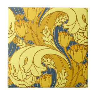 Vintage Bold Tulip Blue Gold Pattern Tile