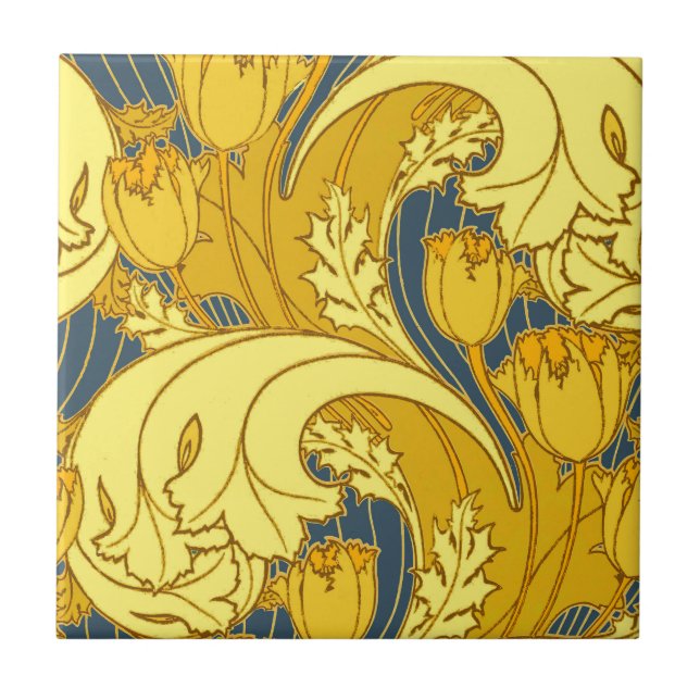 Vintage Bold Tulip Blue Gold Pattern Tile (Front)