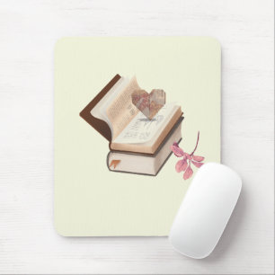 Vintage Book Aesthetic with Heart Map & Botanical Mouse Pad