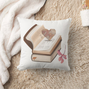  Vintage Book Aesthetic with Heart Map & Botanical Throw Pillow