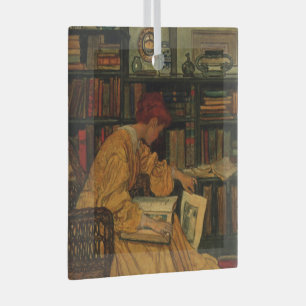 Vintage Book Lover Art Print   Art Nouveau Woman  Glass Ornament