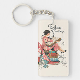 Vintage Book Lover Birthday Illustration Keychain