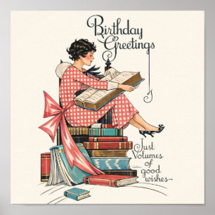 Vintage Book Lover Birthday Illustration Poster