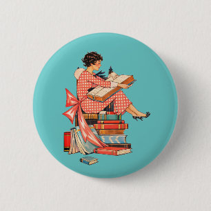 Vintage Book Lover Reading Illustration 2 Inch Round Button