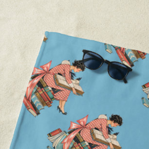 Vintage Book Lover Reading Illustration Beach Towel