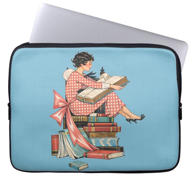 Vintage Book Lover Reading Illustration Laptop Sleeve (Front)