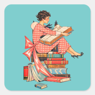 Vintage Book Lover Reading Illustration Square Sticker