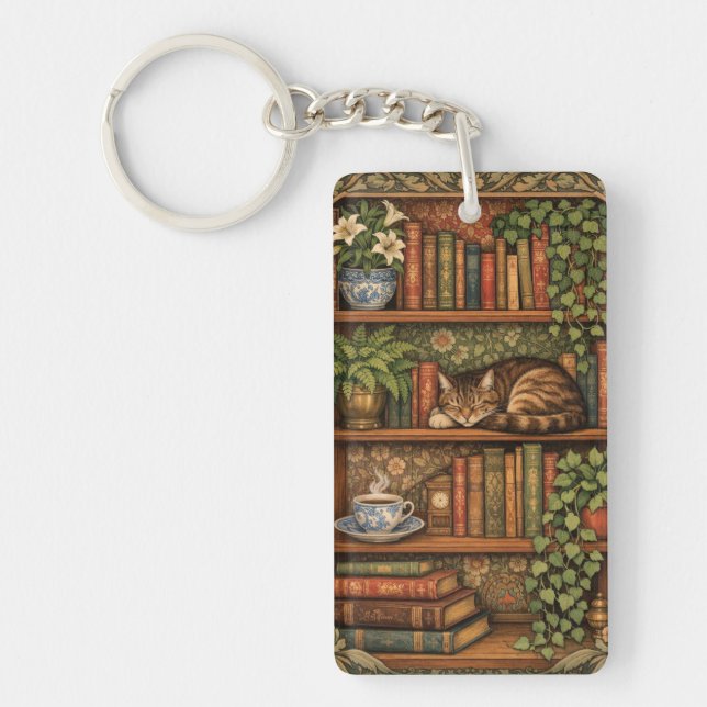 Vintage book shelf with cat and coffee keychain (Front)