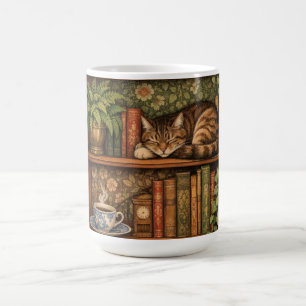 Vintage book shelf with cat and coffee mug