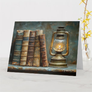 Vintage Book Stack Painting Antique Library Wall Card