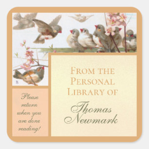 Vintage Bookplate Birds on Fence Peach Trim Square Sticker