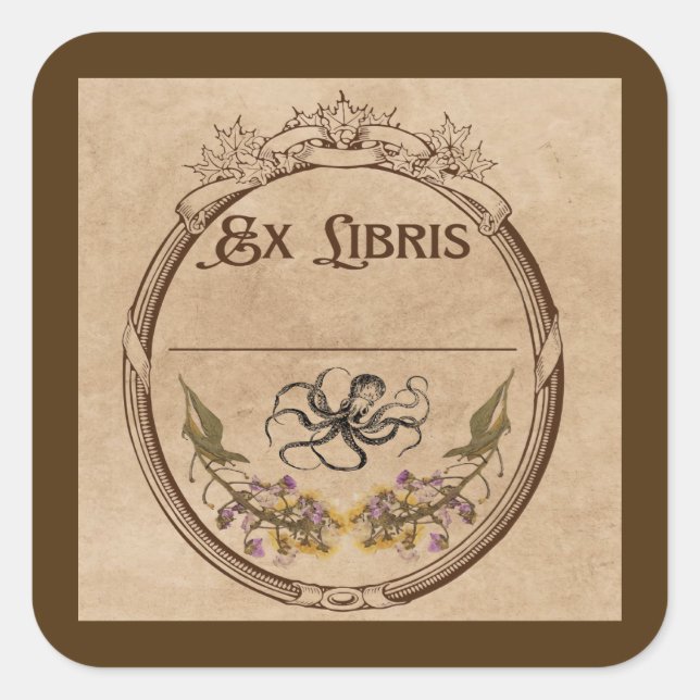 Vintage Bookplate with Octopus Square Sticker (Front)