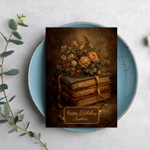 Vintage Books and Autumn Flowers Card