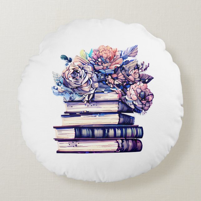 Vintage Books and Pink Roses Quote Round Pillow (Front)
