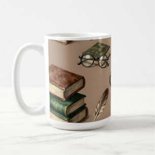 Vintage Books Feathers Glasses Pattern Coffee Mug