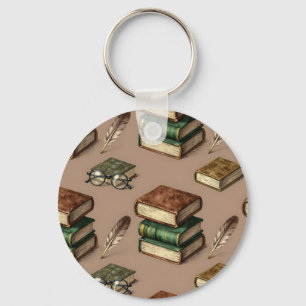 Vintage Books Feathers Glasses Pattern Keychain
