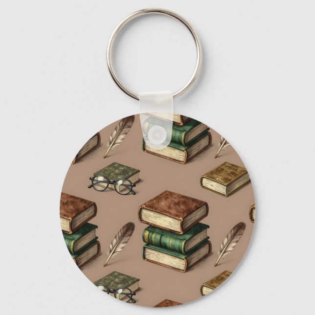 Vintage Books Feathers Glasses Pattern Keychain (Front)