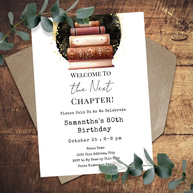 Vintage Books Next Chapter 80th Adult Birthday Invitation (Creator Uploaded)