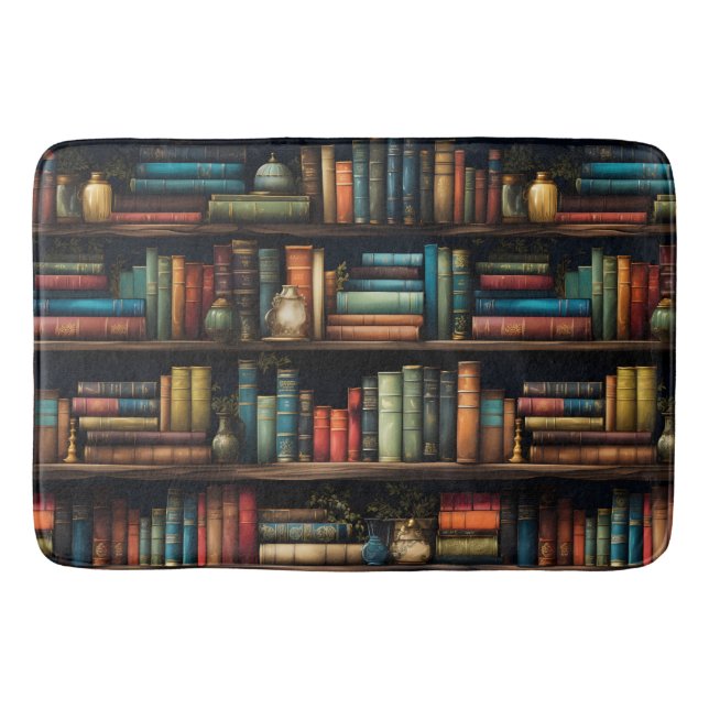 Vintage Books on Bookshelf Pattern Bathroom Bath Mat (Front)