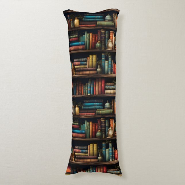 Vintage Books on Bookshelf Pattern Body Pillow (Front Vertical)