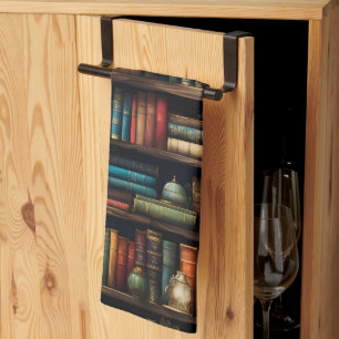 Vintage Books on Bookshelf Pattern Kitchen Towel