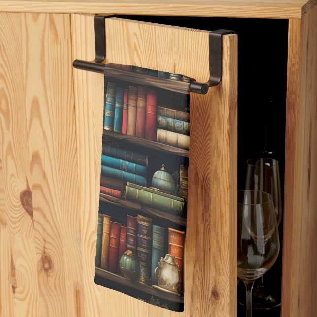 Vintage Books on Bookshelf Pattern Kitchen Towel (Thirds Fold)